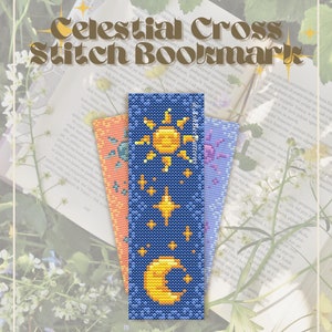 Puede incluir: Tres patrones de marcapáginas de punto de cruz coloridos con diseños celestiales. Los patrones incluyen un sol, una luna y estrellas sobre un fondo azul. El texto "Celestial Cross Stitch Bookmark" está en la parte superior de la imagen. El texto "PDF DOWNLOAD" está en la parte inferior de la imagen. El texto "Etsy @AshBeePatterns" está en la parte inferior de la imagen.