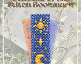 Patrón de marcapáginas de punto de cruz celestial: Sol, Luna y Estrellas (Patrón PDF)