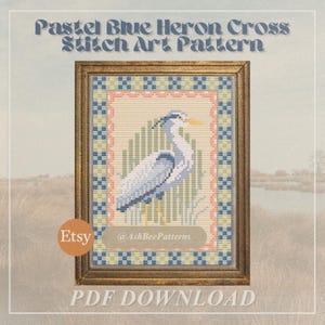 Pastel Blue Heron Cross Stitch Pattern PDF - Trendy Aesthetic Pixel Art Bird Art for Display Large Cross-Stitch