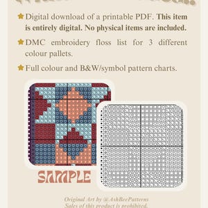 May include: Digital cross-stitch pattern download. Includes a printable PDF, DMC floss list for three color palettes, and full-color and B&W/symbol pattern charts. The sample pattern features a geometric design in shades of blue, red, and peach.