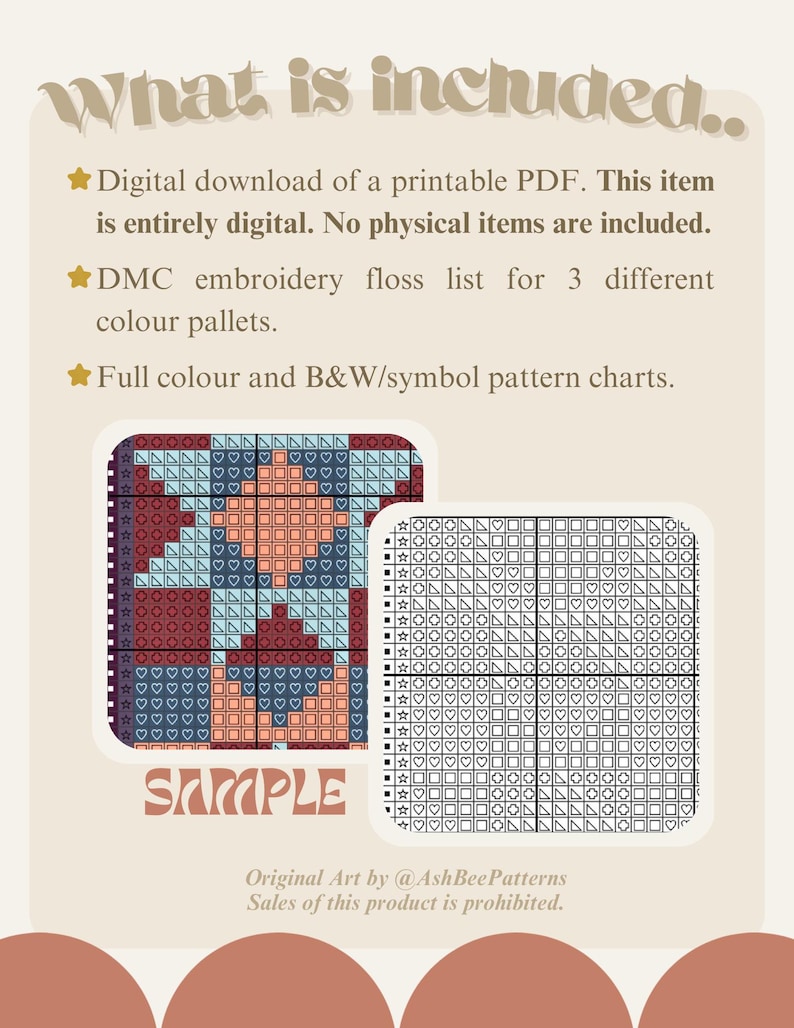May include: Digital cross-stitch pattern download. Includes a printable PDF, DMC floss list for three color palettes, and full-color and B&W/symbol pattern charts. The sample pattern features a geometric design in shades of blue, red, and peach.