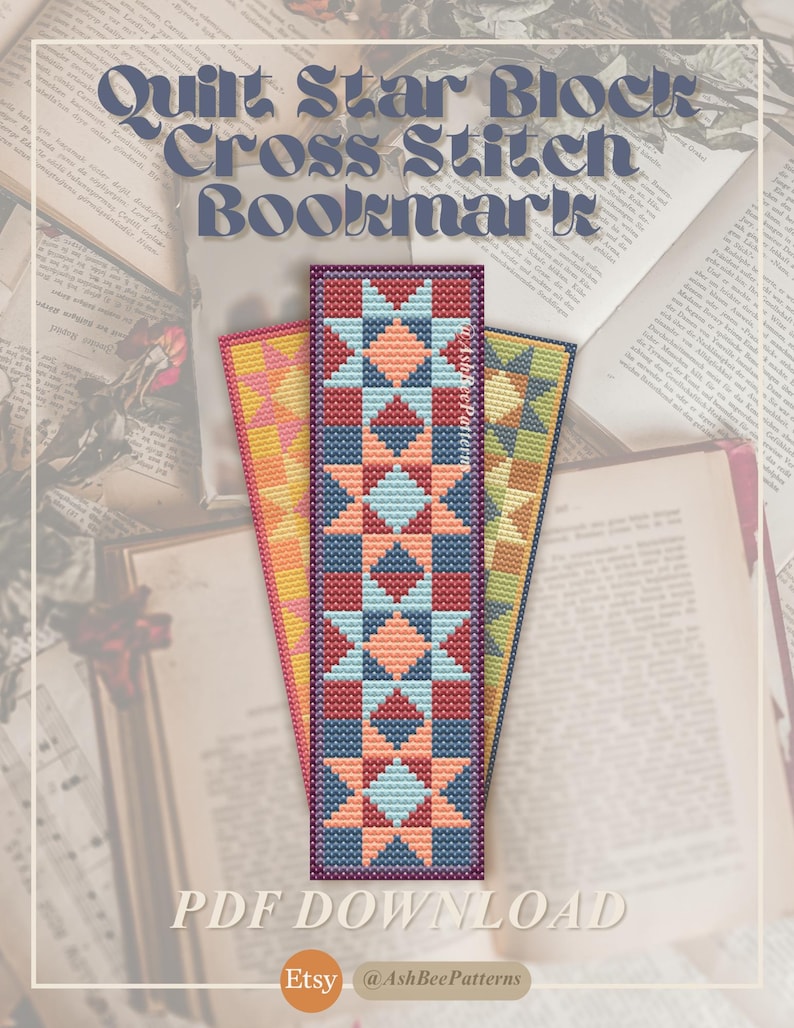 May include: Three cross-stitch bookmarks with a quilt star block design. The central bookmark is a deep purple with a pattern of blue, red, and peach stars and diamonds. The other two bookmarks are yellow and green with similar patterns. Text on the image reads "Quilt Star Block Cross Stitch Bookmark" and "PDF DOWNLOAD".