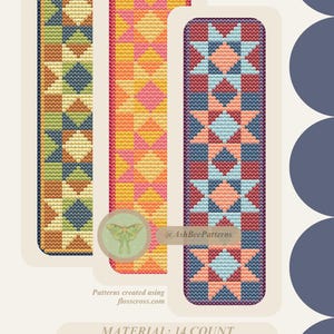 May include: Three colorful cross-stitch bookmark designs. Each bookmark features geometric patterns in various color palettes, including blue, orange, and pink. The text "3 colour pallets included!" is visible. The text "@AshBeePatterns" and "Patterns created using flosscross.com" are also visible.