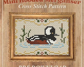 Patrón de punto de cruz de serreta encapuchada: Diseño vintage de aves acuáticas (Descarga PDF)