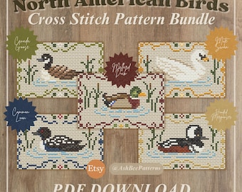 Paquete de patrones de punto de cruz de aves de estilo vintage: Aves acuáticas norteamericanas (Descarga en PDF)