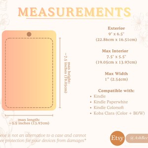 Puede incluir: Diagrama que muestra las medidas de una funda para Kindle. Dimensiones exteriores: 22,86 cm x 16,51 cm, interior m&aacute;ximo: 19,05 cm x 13,97 cm. Compatible con Kindle, Kindle Paperwhite y Kobo Clara.