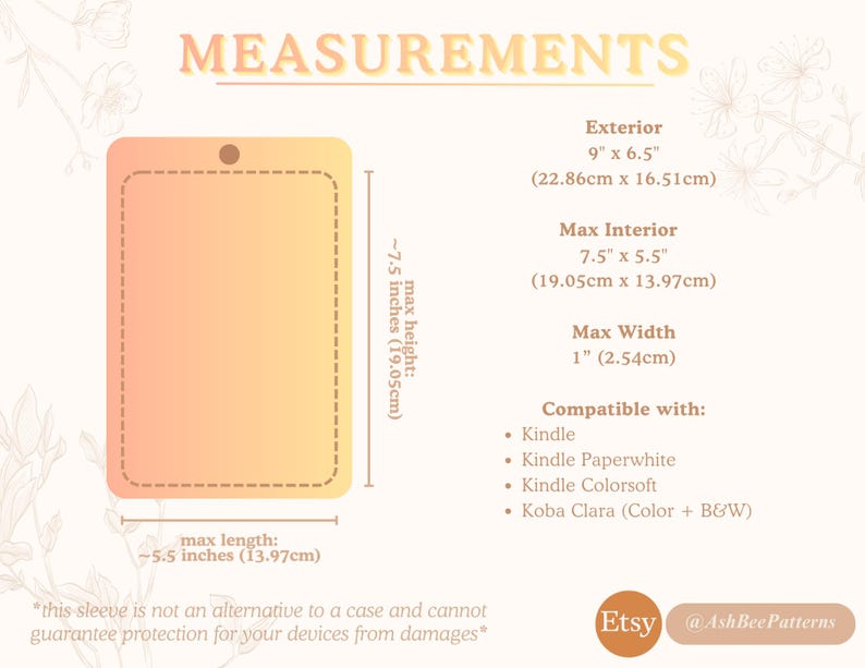 Puede incluir: Diagrama que muestra las medidas de una funda para Kindle. Dimensiones exteriores: 22,86 cm x 16,51 cm, interior m&aacute;ximo: 19,05 cm x 13,97 cm. Compatible con Kindle, Kindle Paperwhite y Kobo Clara.