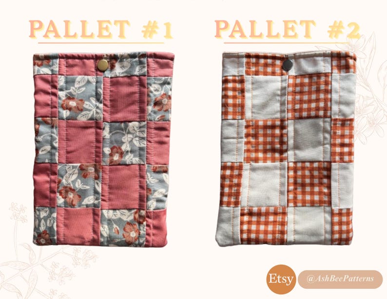 Puede incluir: Dos fundas de tela acolchada. Una presenta un dise&ntilde;o de patchwork con cuadrados rosas, florales y grises. La otra tiene un estampado de cuadros vichy blanco y naranja. Ambas tienen cierre de bot&oacute;n y el texto "PALLET #1" y "PALLET #2".