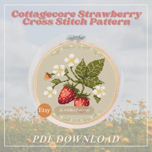 Cottagecore Erdbeeren Kreuzstichmuster PDF - Vintage-Stil Kreuzstich ästhetische botanische Früchte Cottage Core