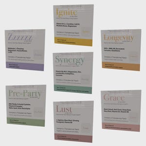 May include: Seven transdermal patch packages, each with a different name and ingredient list. The packages are white with colored accents and text. The names include "Zzzz", "Ignite", "Synergy", "Longevity", "Pre-Party", "Lust", and "Grace".