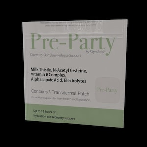 May include: A white and green packet labeled "Pre-Party" by Skyn Patch. The packet lists ingredients like Milk Thistle and Vitamin B Complex. It contains 4 transdermal patches for liver health and hydration support.