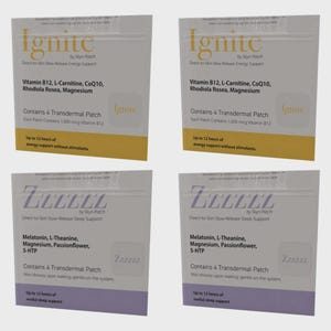 Puede incluir: Cuatro paquetes de parches transdérmicos. Dos están etiquetados "Ignite" para el apoyo energético, y dos están etiquetados "Zzzzzz" para el apoyo al sueño. Cada paquete contiene cuatro parches. Los parches "Ignite" contienen vitamina B12, L-Carnitina, CoQ10, Rhodiola Rosea y magnesio.