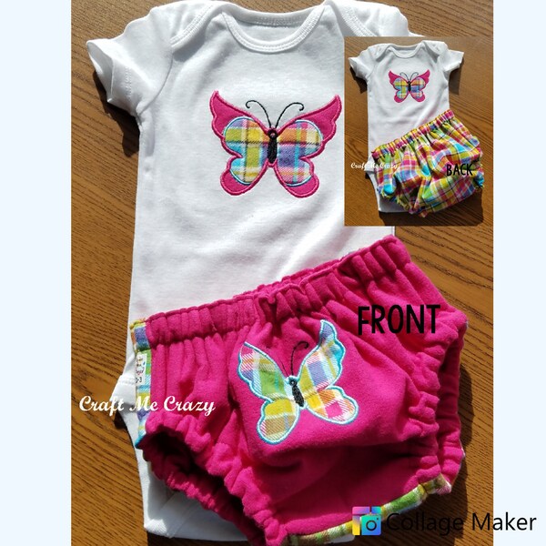 Butterfly - Embroidered Bodysuit &  Flannel Diaper Cover Set - Pink, Yellow, Blue, Plaid - Limited Quantity - Free Personalizing