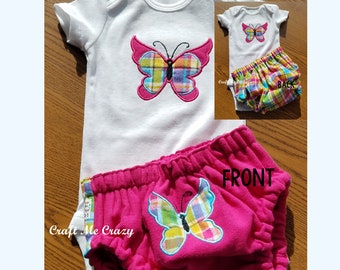 Butterfly - Embroidered Bodysuit &  Flannel Diaper Cover Set - Pink, Yellow, Blue, Plaid - Limited Quantity - Free Personalizing