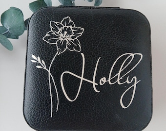 Personalized Leather Jewelry Box, Birth Flower and Name