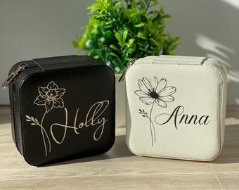 Personalized Leather Jewelry Box with Birth Flower, Travel Jewelry Organizer