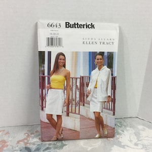 May include: A Butterick sewing pattern envelope featuring a woman in a yellow tube top and white skirt, and another in a white jacket and skirt. The envelope has the number 6643, size 18-20-22, and the names Linda Allard and Ellen Tracy.