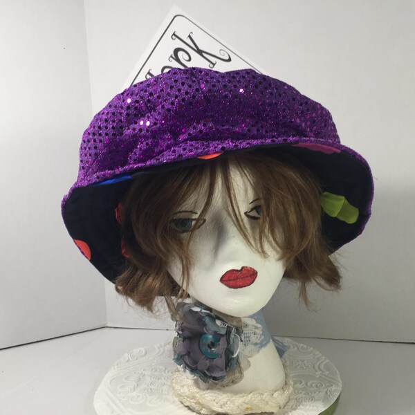Oversize Poofy Hat, circus clown hat, purple sequin, XL, Geechlark 7135