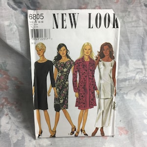 May include: A sewing pattern for four different dresses, with a black dress, a floral print dress, a pink dress with a jacket, and a white dress. The pattern is from New Look and is size 8-18.