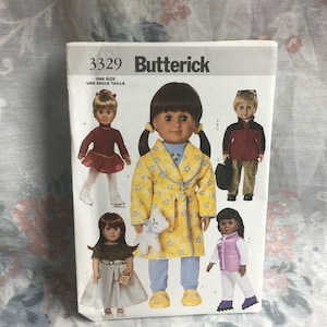 May include: A sewing pattern for making doll clothes. The pattern is for one size and includes instructions for making a robe, a jacket, a skirt, a vest, and pants. The pattern is from Butterick and the pattern number is 3329.