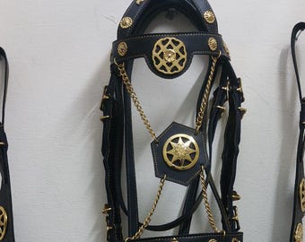 Vintage Style Fancy Horse Bridle: Cowhide Leather with Brass Ornaments