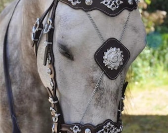 Vintage Style Cowhide Leather Horse Bridle with Silver & Brass Ornaments