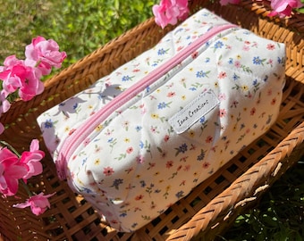 Handmade Floral Quilted Makeup Bag, Cotton Cosmetic Bag