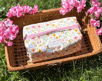 Handmade Quilted Makeup Bag, Floral Cotton Cosmetic Bag