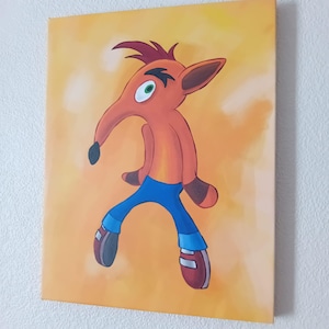 May include: A canvas print featuring a cartoon character with orange fur, blue pants, and red shoes. The character has a long snout, large ears, and a surprised expression. The background is a blend of orange and yellow.