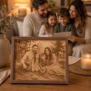Puede incluir: Un marco de fotos rectangular de madera que contiene un retrato grabado con láser de una familia de cuatro personas sentadas al aire libre. El grabado muestra a dos adultos y dos niños en un entorno de hierba, en tonos marrones.