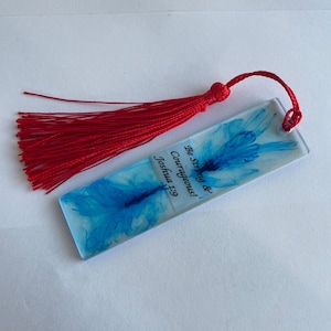 Be Strong and Courageous – Joshua 1:9 Scripture Bookmark with Red Tassel and Blue Feather Art