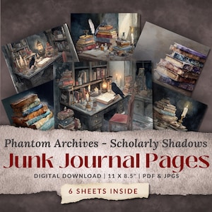 Dark Academia Junk Journal Seiten, Gothic Haunted Bibliothek, Raven Printable Papiere, Phantom Archives JJV013