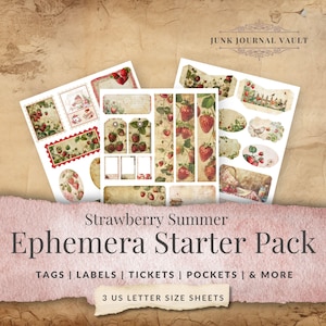 Paquete inicial de efímeras de fresas / Etiquetas y recortes imprimibles de verano / Detalles de picnic estilo cottagecore / Kit de jardín vintage / JJV003
