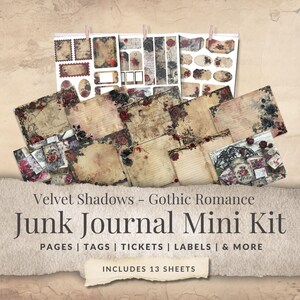 Può includere: Un mini kit di diario spazzatura a tema gotico romantico. Il kit include pagine, tag, biglietti ed etichette. Le pagine hanno un aspetto vintage con elementi floreali e decorativi. Il kit include 13 fogli.