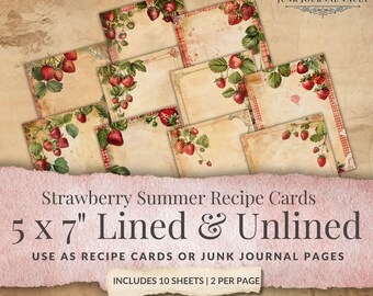 Recept-skräpjournalsidor – jordgubbsreceptkort, utskrivbart Cottagecore Kitchen, skrivpapper för vintage-lantbrukssommar, JJV003