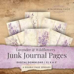 Lavendel wilde bloemen ongewenste dagboekpagina's – 6 dubbele pagina's, afdrukbare vintage bloemenkit, Cottagecore plakboekpapier pdf | JJV001