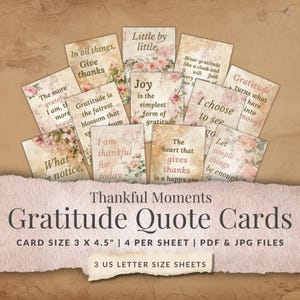 Puede incluir: Un conjunto de tarjetas de citas de gratitud con diseños florales y mensajes inspiradores. Cada tarjeta mide 7,6 x 11,4 cm. Las tarjetas presentan frases como "Da gracias" y "Estoy agradecido por hoy".