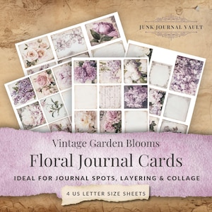 Cartões de diário com flores de jardim vintage – Conjunto de itens florais imprimíveis para diários de viagem, scrapbooking e projetos de arte | JJV002