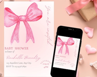 Invito per baby shower con fiocco rosa: modello modificabile (download digitale)