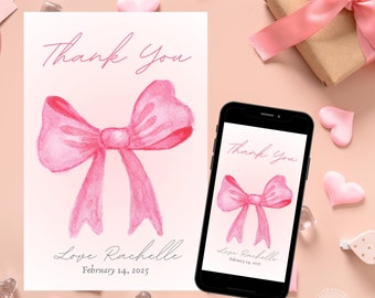 Tarjeta de agradecimiento con lazo rosa: plantilla digital editable (5 x 7)