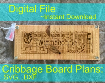 May include: A wooden cribbage board with a laser-engraved design featuring the words "Winneconne" and other related text. The board is made of light brown wood and has a grid pattern on the surface. The text "Cribbage Board Plans: .SVG, .DXF" is written in black text on a turquoise background.