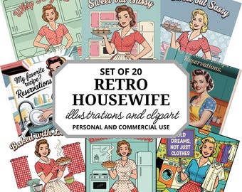 Retro Housewife Clipart Bundle, Humorous Illustrations, Digital Bundle, Png Jpg Files, 1950s