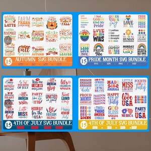 Op de afbeelding: Een collage van drie digitale productbundels te koop. De eerste bundel is voor SVG-ontwerpen met een herfstthema, de tweede is voor SVG-ontwerpen met een Pride Month-thema en de derde is voor SVG-ontwerpen met een 4 juli-thema. Elke bundel bevat 15 ontwerpen.