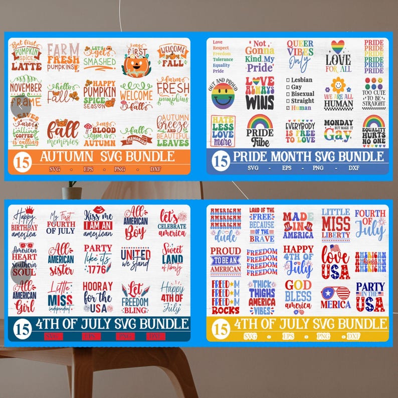 Op de afbeelding: Een collage van drie digitale productbundels te koop. De eerste bundel is voor SVG-ontwerpen met een herfstthema, de tweede is voor SVG-ontwerpen met een Pride Month-thema en de derde is voor SVG-ontwerpen met een 4 juli-thema. Elke bundel bevat 15 ontwerpen.