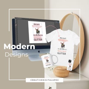 Op de afbeelding: Een mockup van een ontwerp voor een t-shirt, mok en telefoonhoesje. Het ontwerp bevat een zwarte chihuahua met de tekst "Dit is geen hondenhaar. Op mijn shirt is het glitter."