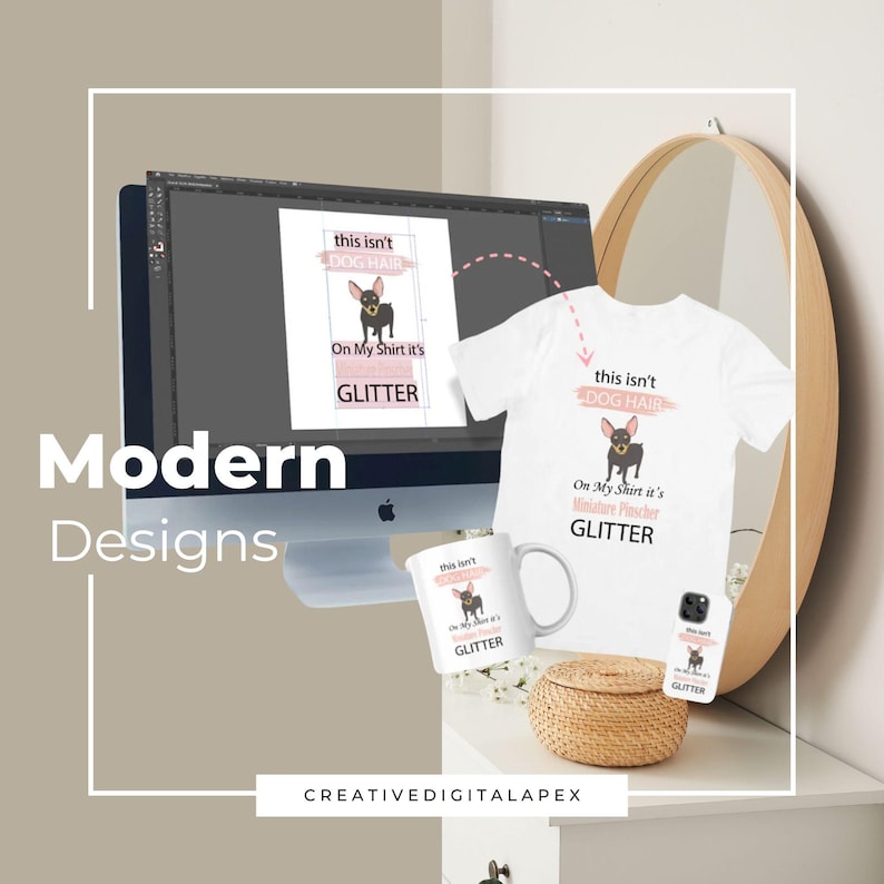 Op de afbeelding: Een mockup van een ontwerp voor een t-shirt, mok en telefoonhoesje. Het ontwerp bevat een zwarte chihuahua met de tekst "Dit is geen hondenhaar. Op mijn shirt is het glitter."