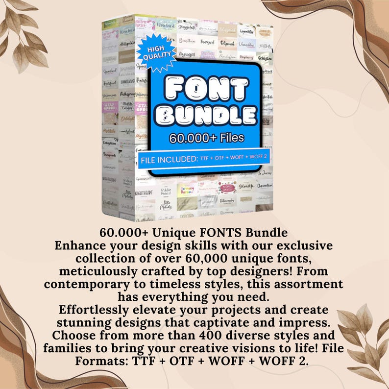 Op de afbeelding: Een blauwe en witte digitale productcover met de tekst "FONT BUNDLE" en "60.000+ bestanden". De cover bevat een collage van verschillende lettertypen en de tekst "BESTAND INBEGREPEN: TTF + OTF + WOFF + WOFF 2".