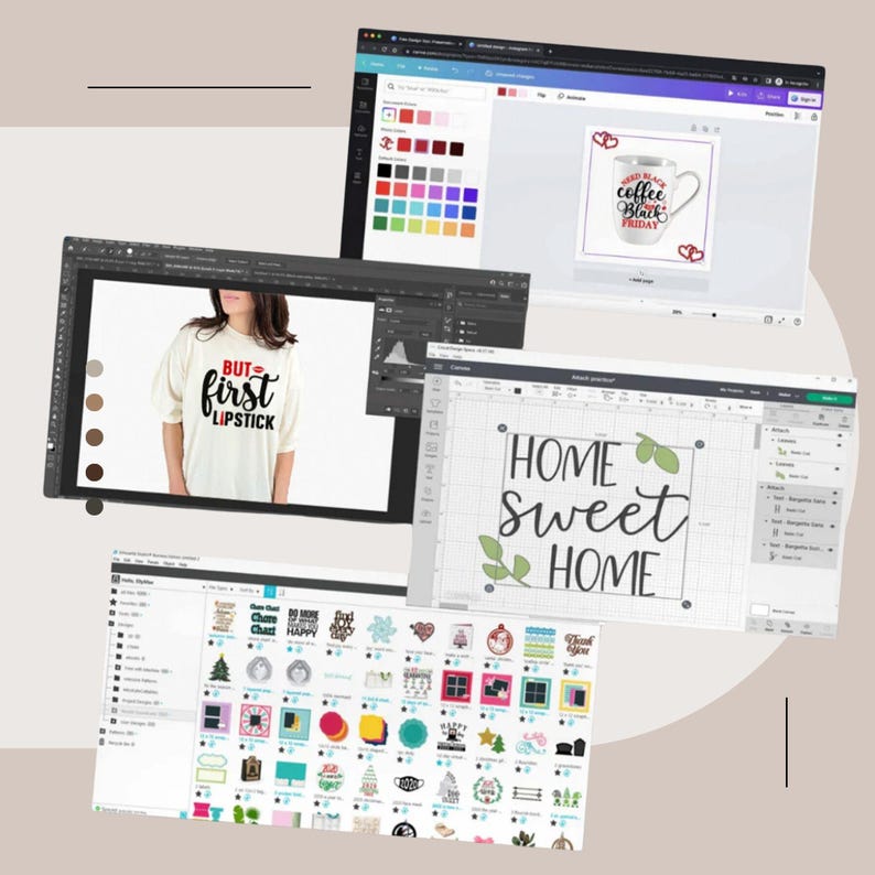 Op de afbeelding: Een computerscherm waarop verschillende ontwerp projecten worden getoond in een grafisch ontwerp programma. De projecten omvatten een t-shirt ontwerp met de tekst "BUT first LIPSTICK", een mok ontwerp met de tekst "RED BLACK coffee BLACK FRIDAY", en een bord ontwerp met de tekst "HOME sweet HOME".