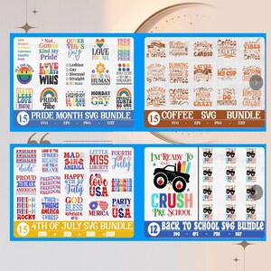 Op de afbeelding: Een digitale download van 15 SVG-bestanden met ontwerpen met het thema Pride Month. De ontwerpen bevatten zinnen als "Love Wins", "Pride Tribe", "Everybody is Free to Love" en "Equality Hurts No One".