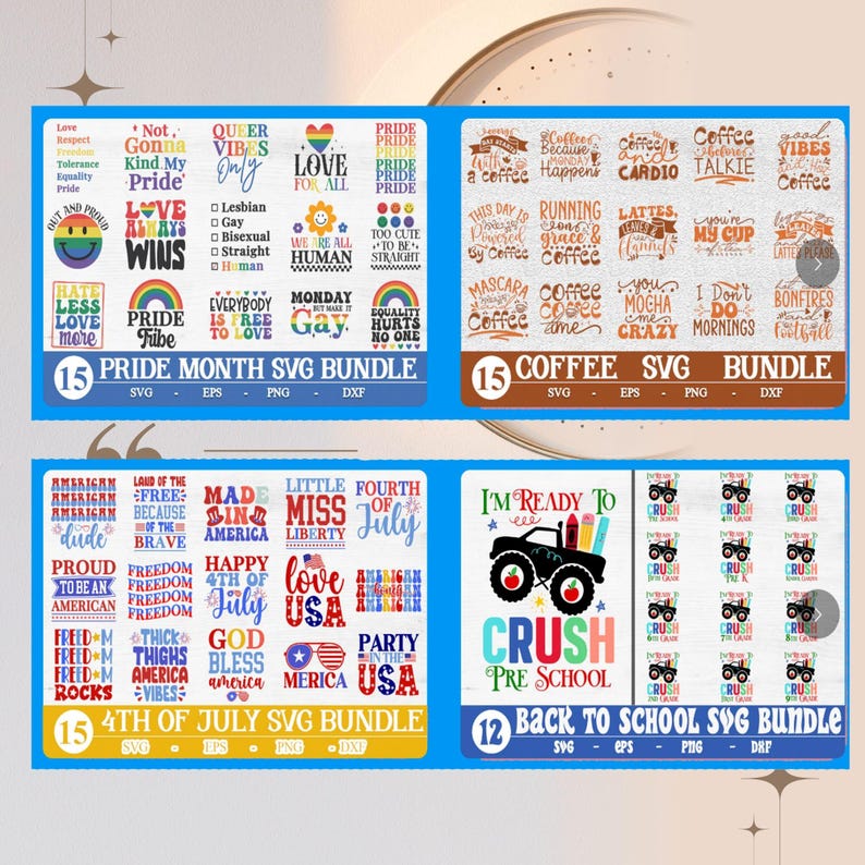 Op de afbeelding: Een digitale download van 15 SVG-bestanden met ontwerpen met het thema Pride Month. De ontwerpen bevatten zinnen als "Love Wins", "Pride Tribe", "Everybody is Free to Love" en "Equality Hurts No One".